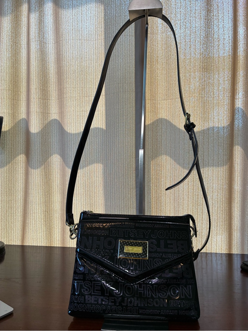 Betsey Johnson Black Patent Logo Envelope Clutch with Gold Plaque - Picture 9 of 11